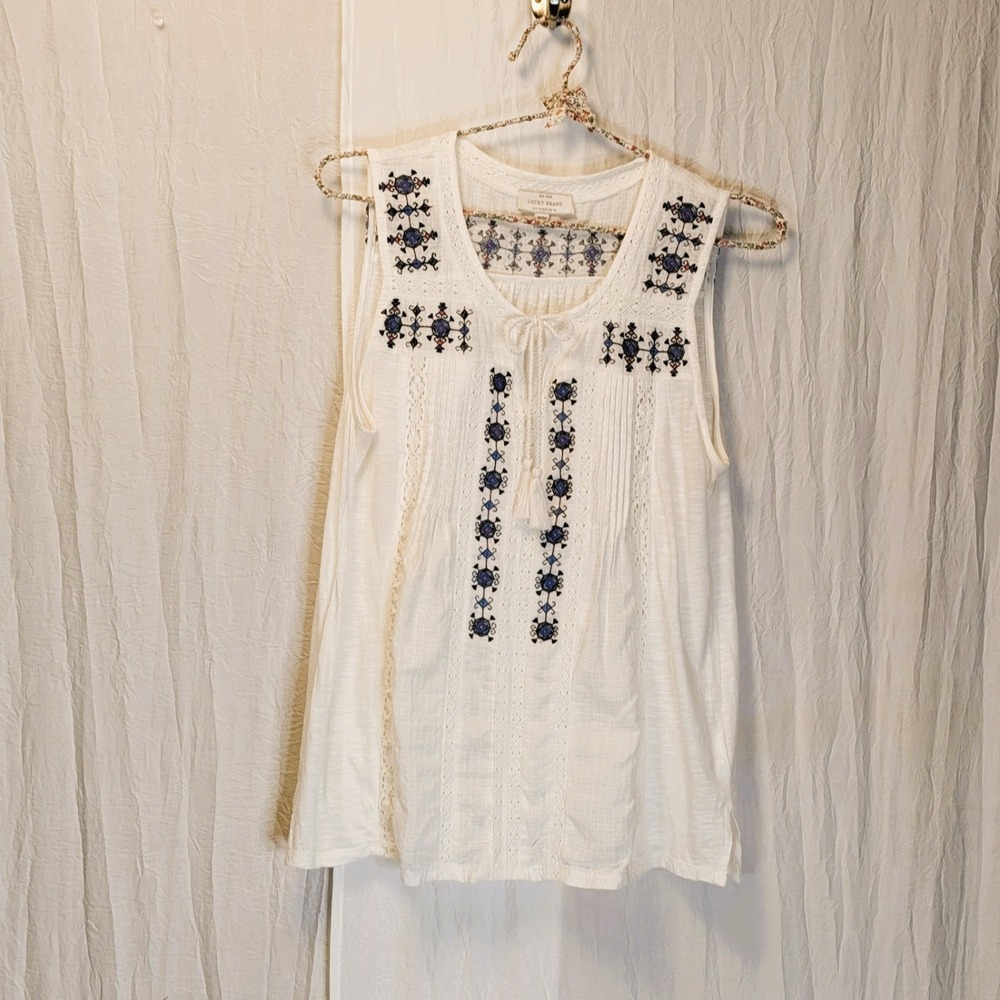 Lucky Brand Embroidered Tassel-Tie Top Boho Exquisite Detail Size M Relaxed